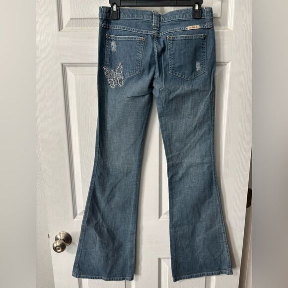 Vtg Y2K Frankie B Jeans Women's 6 Blue Denim Butterfly Low Rise Flared Leg - Picture 1 of 11